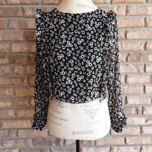 Zara Trafaluc Black Cropped Top with Floral Daisey Print and Ruffle Deta…